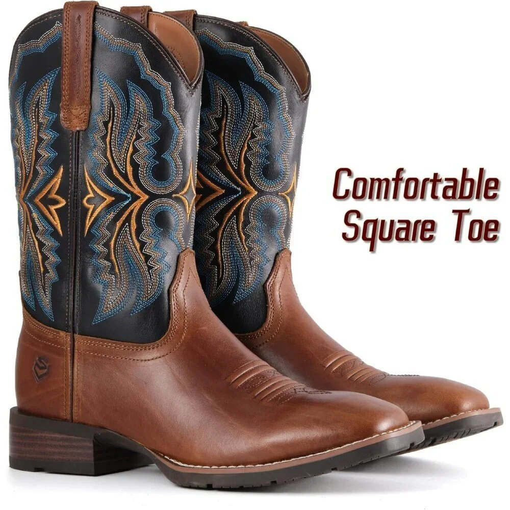 Men’s Chaga Brown Square Toe Pull On Leather Durable Classic Wellington Boots